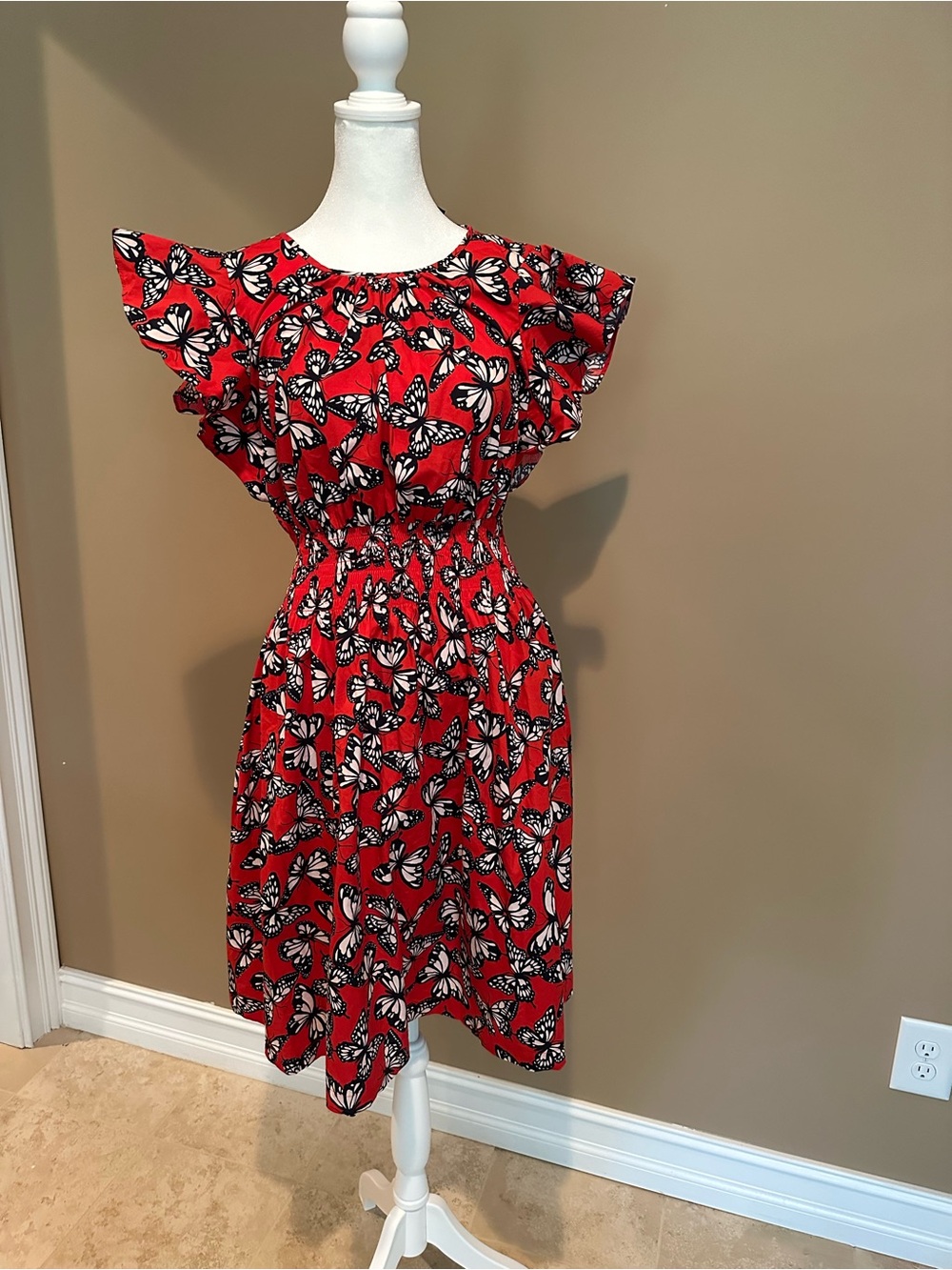 kate spade Red Butterfly-Print Midi Dress with Flutter Sleeves